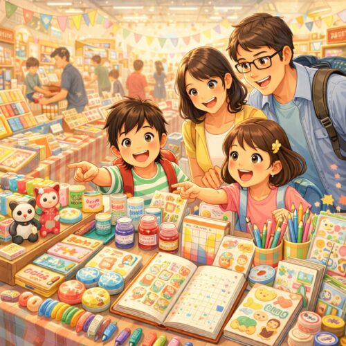 「東京・平和島で開催される文具マーケット第10回のイラスト。親子連れや家族が消しゴム、ペン、シール、手帳、メモ帳、ガラスペンなど文房具を見て楽しむ様子を表現したブログ用アイキャッチ」