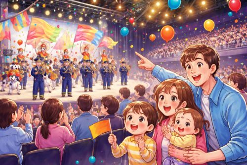 有明の東京ガーデンシアターで開催される家族向け無料コンサート『避難訓練コンサート』の様子。消防音楽隊とカラーガーズ隊の演奏を家族連れが楽しむ。入場無料で防災体験もできるイベント。