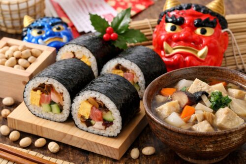 節分の恵方巻きとけんちん汁の手作り料理。親子料理教室で作る行事食のイメージ