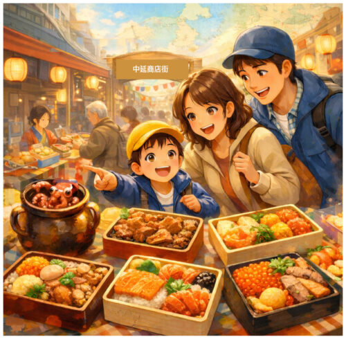 「中延商店街の駅弁大会で、親子が全国のカラフルな駅弁を見て小旅行気分を楽しむイラスト。屋台にはひっぱりだこ飯や牛肉どまん中、ますのすしなどが並ぶ」