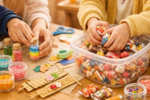 親子でミニカラーボトル作りやお菓子のつかみ取りを楽しむ冬の文化祭の様子