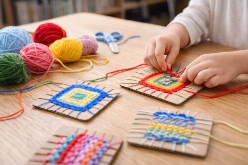 カラフルな毛糸を使って段ボールの台紙に編み込む、子どものコースター作りの様子