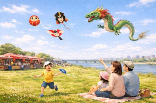 多摩川の河川敷で開催される凧揚げイベントの風景。青空の下、色とりどりのハタ凧が空高く舞い、親子連れが芝生の上で楽しそうに過ごしている春の賑やかな様子。