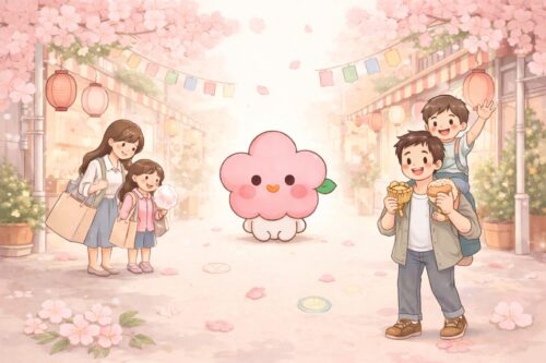 春の商店街で開催されるお祭りの様子。桜が舞う中、中央に梅のキャラクターがいて、親子連れが食べ歩きを楽しんでいるやさしい雰囲気のイラスト。