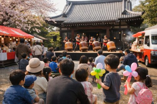 池上の寺院で開催される和太鼓まつりの実写風イメージ、子ども連れの家族や屋台、バルーンが並ぶ春のイベント風景