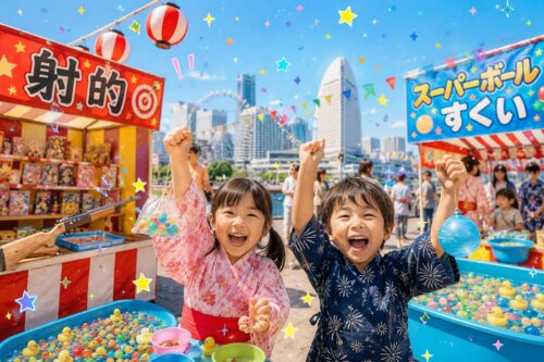 浴衣姿の子どもたちが射的やスーパーボールすくいを楽しむ、横浜の屋上縁日イベントのイメージ画像