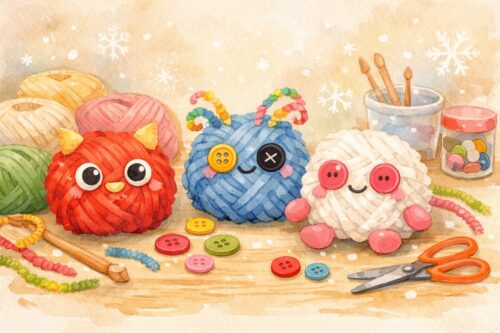 毛糸やボタンで作る、千鳥町の毛糸玉モンスター工作ワークショップのイラスト