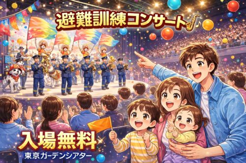 有明の東京ガーデンシアターで開催される家族向け無料コンサート『避難訓練コンサート』の様子。消防音楽隊とカラーガーズ隊の演奏を家族連れが楽しむ。入場無料で防災体験もできるイベント。