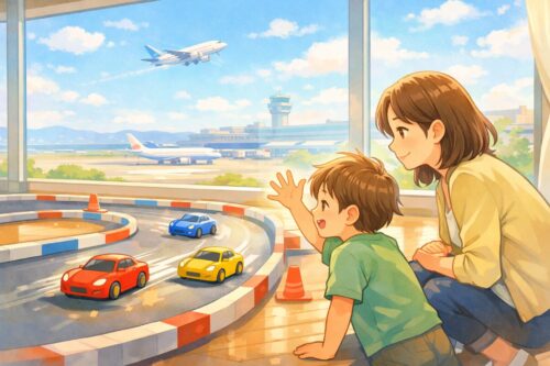 室内の明るい会場で、小型R/Cカーが2〜3台走るコース。親子が窓側で観戦、子どもは手を振り、ママは見守る姿。窓の外には羽田空港の遠景、滑走路と離陸中の飛行機が見える。空はパステルブルーで薄い雲あり。柔らかい日差しが室内に差し込み、全体に温かく優しい雰囲気。小型R/Cカーは赤・青・黄など明るい色でポップに描写。文字なし。イラスト風で、明るく楽しいワクワク感。
