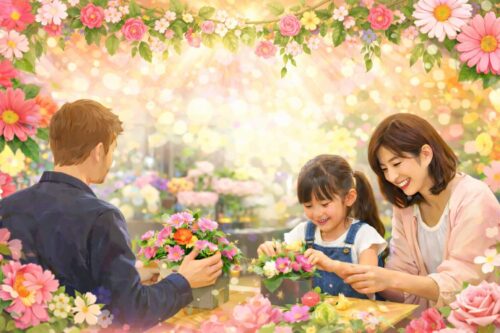 花に囲まれた明るい室内で、親子がフラワーアレンジメントを楽しんでいるイラスト。母親と子どもが笑顔で花を手にし、講師役の男性と一緒に制作体験をしている温かい雰囲気の親子向けイベントイメージ