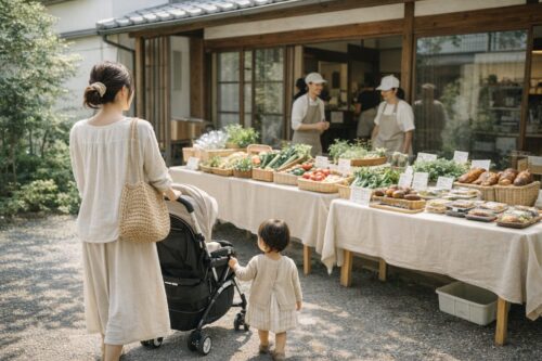 古民家カフェの前で開かれたマルシェで、ベビーカーを押すママと小さな子どもが、野菜やお弁当が並ぶ出店を見て回っている様子