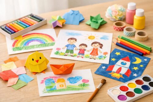 テーブルに並んだ子どもや大人のアート作品と画材。親子で楽しめる地域アートイベントのイメージ