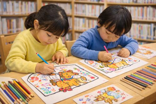 色鉛筆を使って、机に向かいながら馬のぬりえを楽しむ子どもたちの様子。やさしい色合いで、和やかな雰囲気の室内で集中してお絵かきをしている。