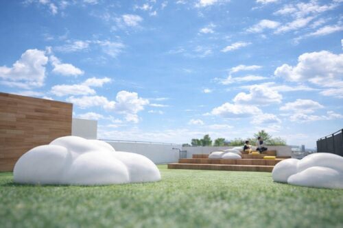 マチノマ大森3Fテラス「ソラノマ」の屋上空間と青空のイメージ