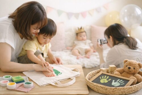 室内イベント会場で親子が足形アートを楽しみ、赤ちゃんの撮影や手形作品が並ぶナチュラルな親子イベントの様子