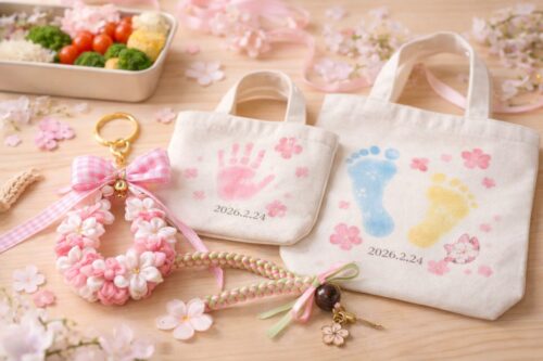 桜モチーフのハンドメイド作品が並ぶ様子。手形・足形を使ったミニトートバッグ、リボンレイのチャーム、やさしい色合いのお弁当が木のテーブルに並べられている。