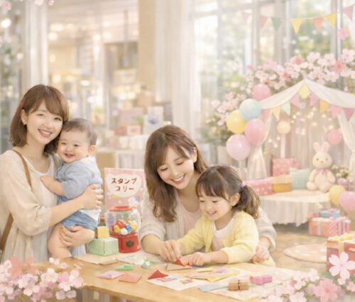春の装飾がされた室内イベント会場で、ママと子どもたちが工作ワークショップを楽しんでいる様子。明るい自然光と桜の装飾があり、親子向けイベントの温かい雰囲気。