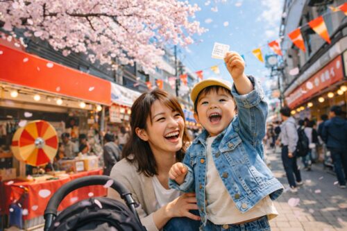 春の北千束商店街イベントで桜の下、笑顔の親子が楽しむ様子