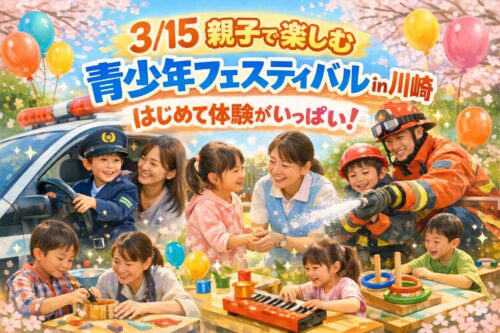 川崎市青少年フェスティバルで親子が警察・消防・福祉・楽器・ゲームの体験を楽しむ様子