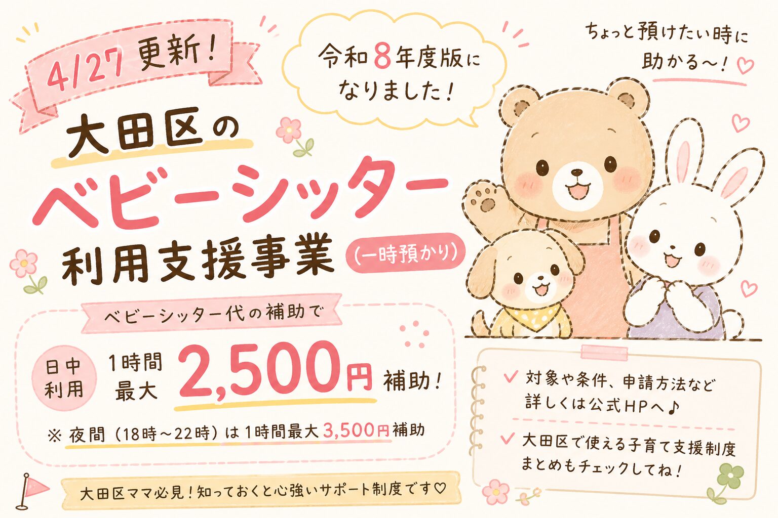 大田区のベビーシッター補助、4/27に更新されてた！