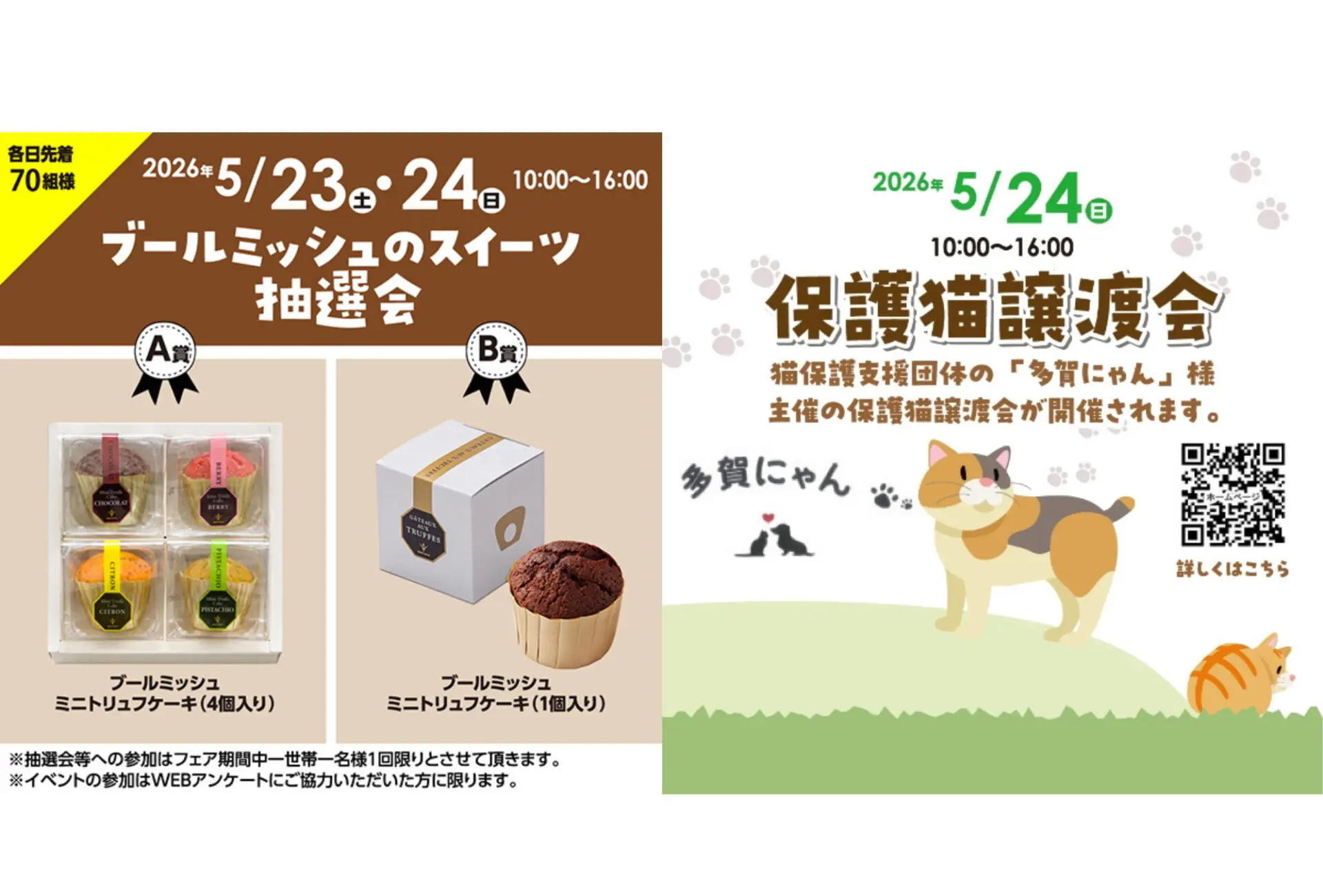 5/23(土)24(日)ブールミッシュのスイーツ抽選会&24日(日)猫ちゃん大好き家族集まれ~！保護猫譲渡会・マルシェ☆in近江八幡